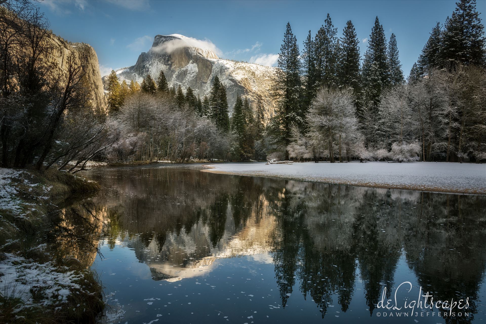 Reflecting on Half Dome in Winter - Yosemite National Park in winter is magical, especially when you can catch Half Dome reflecting so nicely on the Merced River. by Dawn Jefferson