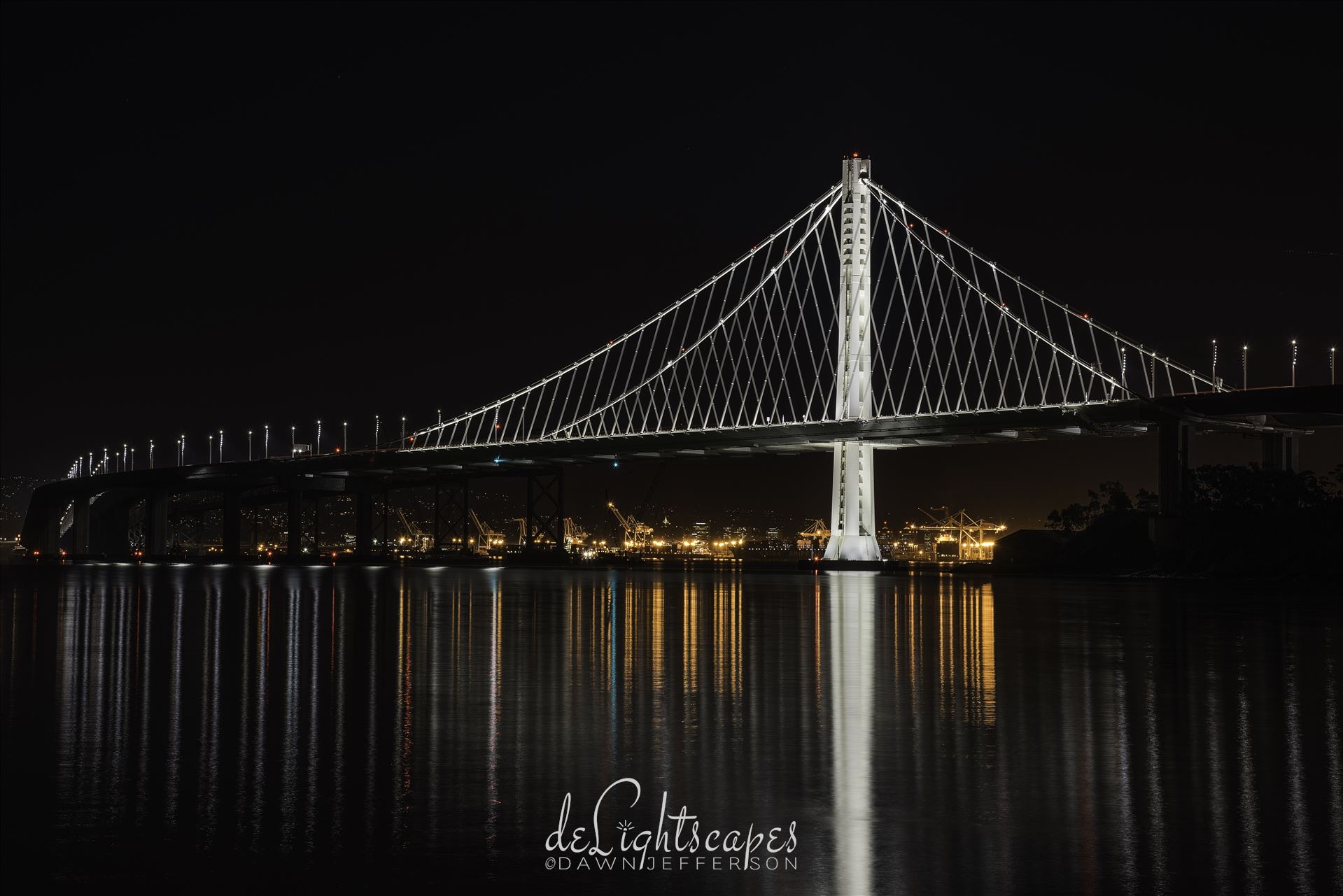 Color Guard - The Bay Bridge and the port of Oakland reflecting on the San Francisco bay. by Dawn Jefferson